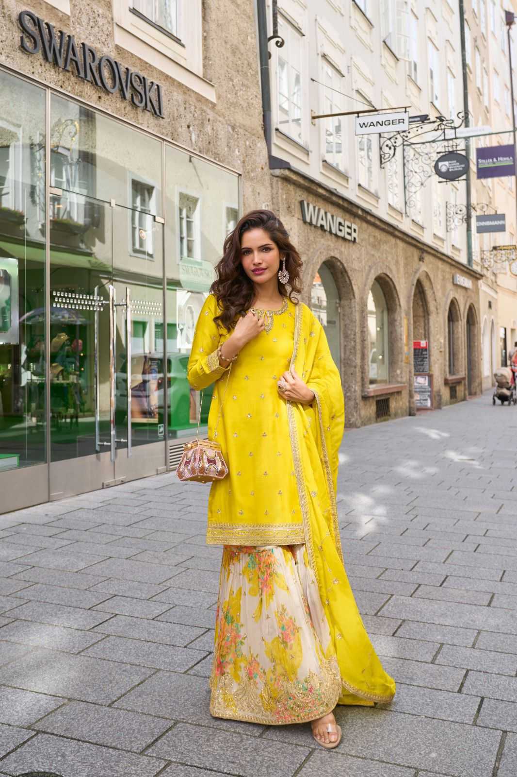 Falita Fancy Worked Exclusive Designer Real Chinon Palazzo Suit